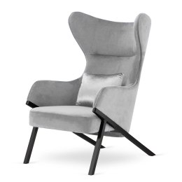 Designerski fotel Classy jasnoszary glamour na czarnej podstawie - elegancki uszak premium z srebrną poduszką dekoracyjną