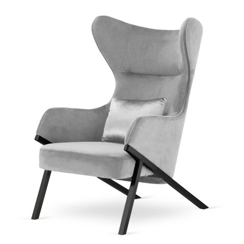 Designerski fotel Classy jasnoszary glamour na czarnej podstawie - elegancki uszak premium z srebrną poduszką dekoracyjną