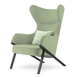 Nowoczesny Fotel Classy - Jasnozielony z poduszką dekoracyjną do salonu i elegancką czarną podstawą