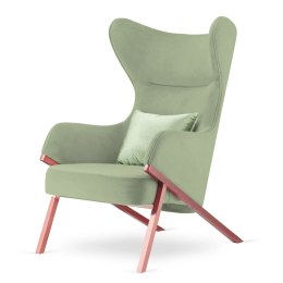 Elegancki Fotel Classy Glamour - jasnozielony z błyszczącą poduszką dekoracyjną i różowo-złotą podstawą