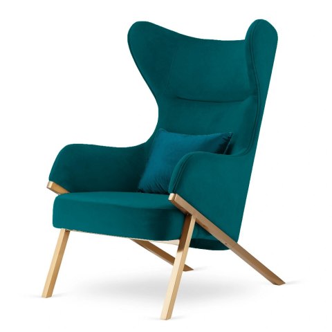 Designerski Fotel Uszak Classy - Morski velvet z błyszczącą poduszką dekoracyjną i złotą podstawą