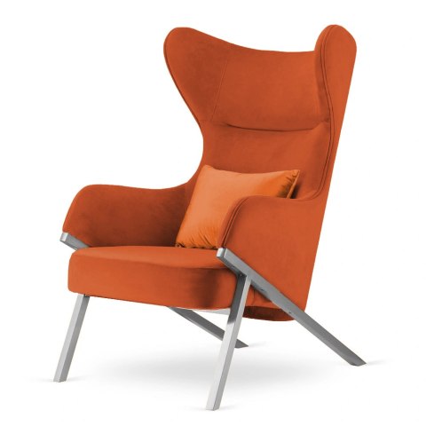 Fotel Classy glamour uszak do salonu, pomarańczowy velvet, poducha błyszcząca, elegancka srebrna podstawa