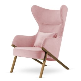 Fotel Classy premium pudrowy róż z mosiężną podstawą i poduszką błyszczącą, designerski uszak do nowoczesnego salonu