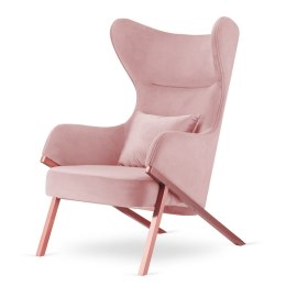 Fotel Classy pudrowy róż - nowoczesny glamour uszak z różowozłotą podstawą i błyszczącą poduszką, idealny do relaksu i czytania