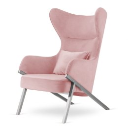 Fotel Classy pudrowy róż glamour - elegancki wypoczynkowy uszak z srebrnymi nogami i błyszczącą poduszką