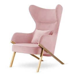Fotel Classy pudrowy róż glamour - luksusowy uszak do salonu ze złotą podstawą i błyszczącą poduszką
