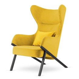 Fotel Classy glamour uszak żółty - czarna podstawa i dekoracyjna złota poducha, stylowy mebel