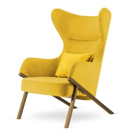 Luksusowy fotel wypoczynkowy Classy żółty glamour uszak do salonu złota poduszka mosiężna podstawa