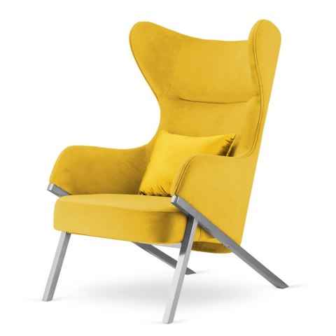 Fotel uszak Classy glamour do salonu, żółty velvet SWAN-03, poducha złota błyszcząca 5051-18, elegancka srebrna podstawa