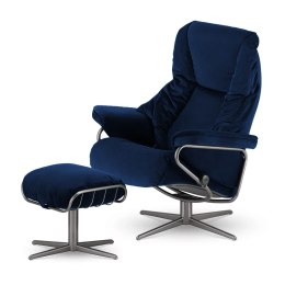 Designerski fotel Kijar XZ - ciemnogranatowy fotel z podnóżkiem i funkcją relaksu