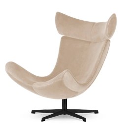 Elegancki fotel obrotowy Larvik, beżowy velvet premium, czarna podstawa, nowoczesny fotel wypoczynkowy