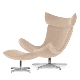 Fotel Larvik z podnóżkiem beżowy velvet SWAN-01, fotel obrotowy premium do salonu i strefy relaksu, srebrna podstawa