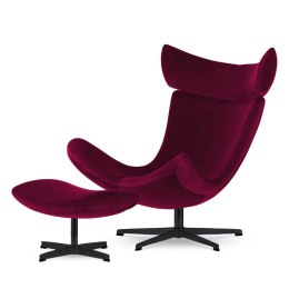 Fotel designerski Larvik z podnóżkiem, bordowy velvet SWAN-14, czarna podstawa, luksusowy fotel do salonu