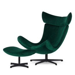 Fotel Larvik z podnóżkiem elegancki butelkowy velvet SWAN-16, czarna podstawa, nowoczesny fotel do wnętrz klasy premium