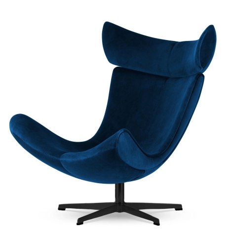 Designerski fotel Larvik do wnętrz, ciemnogranatowy aksamit velvet, czarna podstawa obrotowa loft