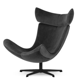 Stylowy fotel wypoczynkowy Larvik, ciemnoszary aksamit velvet, czarna podstawa obrotowa, nowoczesny salon