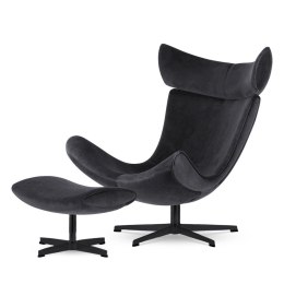 Designerski fotel Larvik z podnóżkiem, ciemnoszary velvet SWAN-13, czarna podstawa obrotowa, nowoczesny salon loft