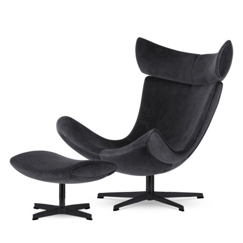 Designerski fotel Larvik z podnóżkiem, ciemnoszary velvet SWAN-13, czarna podstawa obrotowa, nowoczesny salon loft