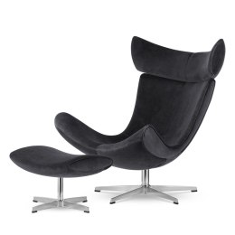 Fotel Larvik z podnóżkiem velvet ciemnoszary, ergonomiczny obrotowy fotel wypoczynkowy do salonu premium, srebrna podstawa