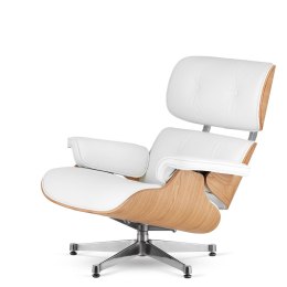 Stylowy fotel salonowy Lucera Classic - biała skóra naturalna, fornir jasny dąb, chromowana podstawa obrotowa lounge