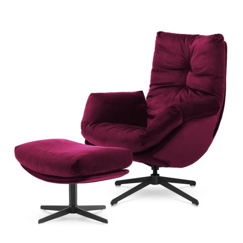 Fotel Mikeli Bordowy Velvet z podnóżkiem na czarnej podstawie - designerski fotel wypoczynkowy premium