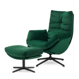Fotel Mikeli z podnóżkiem Butelkowy - elegancki fotel wypoczynkowy z czarną podstawą