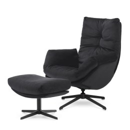 Fotel Mikeli z podnóżkiem Ciemnoszary Velvet - komfortowy fotel premium do salonu z czarną podstawą