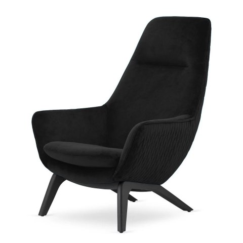 Elegancki fotel Orebro Velvet - czarny, nowoczesny fotel skandynawski, drewniane nogi, wypoczynkowy do salonu i sypialni