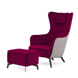 Fotel Skive uszak velvet bordowy SWAN-14 z podnóżkiem, komfort i styl do salonu premium