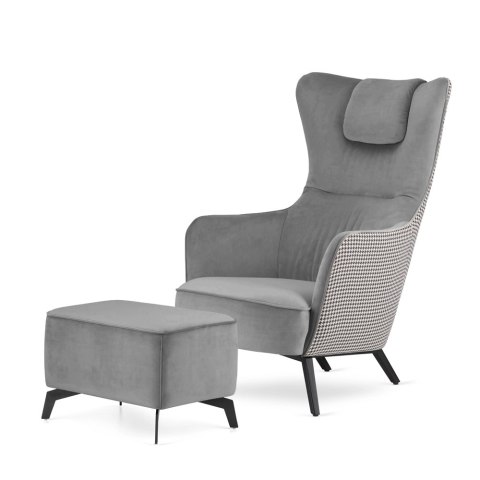 Fotel wypoczynkowy Skive uszak jasnoszary SWAN-12 przód / pepitka tył, elegancki styl skandynawski premium