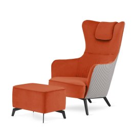 Fotel Skive uszak pomarańczowy SWAN-05 przód, tył pepitka, designerski fotel relaksacyjny z podnóżkiem