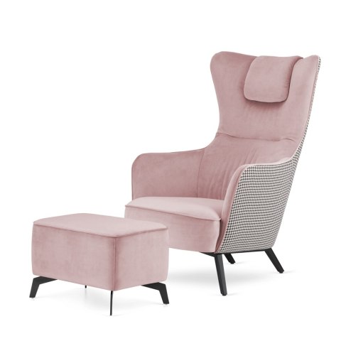 Fotel wypoczynkowy Skive uszak pudrowy róż SWAN-40 przód / pepitka tył, elegancki skandynawski mebel do relaksu