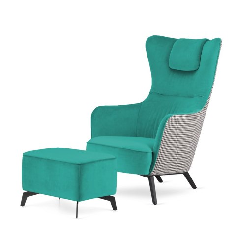Fotel wypoczynkowy Skive uszak velvet turkusowy SWAN-07 przód / pepitka tył, elegancki mebel do strefy relaksu