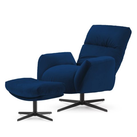 Fotel Visby z podnóżkiem ciemnogranatowy velvet - elegancki zestaw wypoczynkowy do salonu