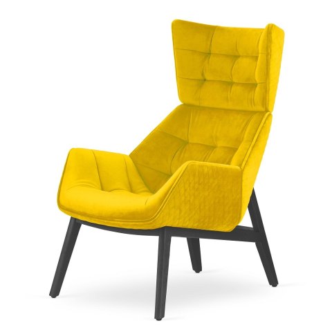 Fotel designerski Vojens żółty - designerski fotel skandynawski z aksamitną tapicerką