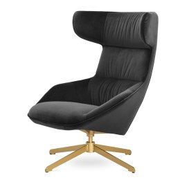 Elegancki fotel Atero ciemnoszary velvet - obrotowy uszak glamour, złota podstawa