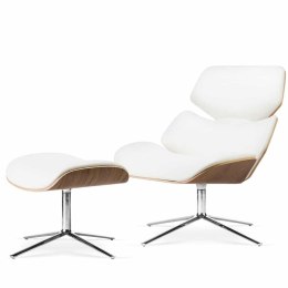 Fotel Bari z podnóżkiem obrotowy skóra naturalna Biały Jasny orzech - Lounge Chair do salonu
