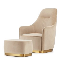 Elegancki fotel salonowy Bino Velvet Beżowy - stylowy fotel z podnóżkiem i złotymi detalami
