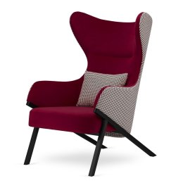 Fotel Classy bordowy glamour - elegancki uszak do salonu, pepitka, czarna podstawa