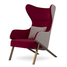 Bordowy fotel glamour Classy - luksusowy uszak z pepitką i mosiężną ramą