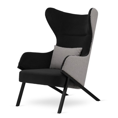 Luksusowy fotel Classy velvet ciemnoszary - nowoczesny uszak z czarną podstawą, pepitka