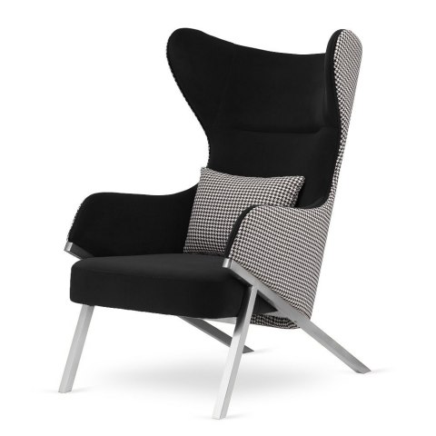 Fotel Classy Ciemnoszary glamour - elegancki uszak z pepitką i srebrną podstawą