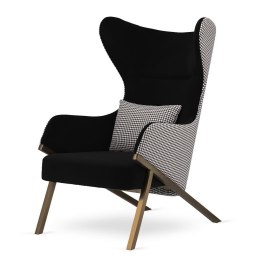 Stylowy fotel Classy czarny - komfortowy uszak glamour do sypialni i salonu, pepitka i mosiężna podstawa