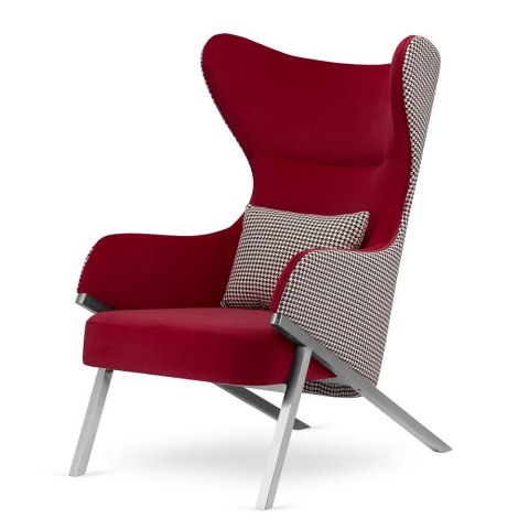 Elegancki fotel Classy Czerwony - uszak premium z pepitką i srebrną podstawą