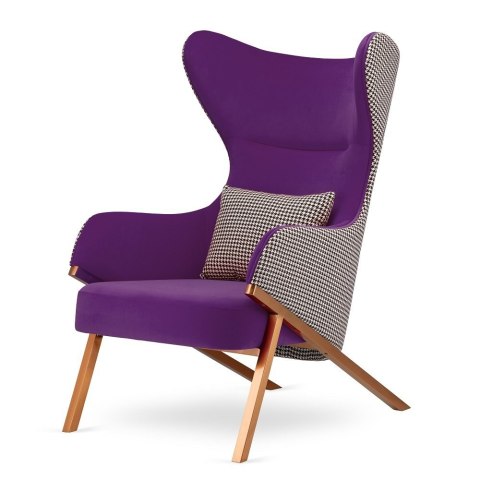 Fotel Classy Fioletowy - elegancki fotel wypoczynkowy glamour z pepitką, podstawa różowe złoto