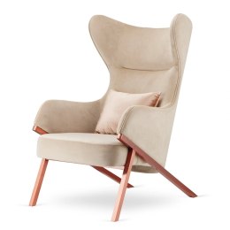 Fotel Glamour Classy Beżowy - Designerski Uszak do Salonu z Poduszką i Podstawą w Różowym Złocie