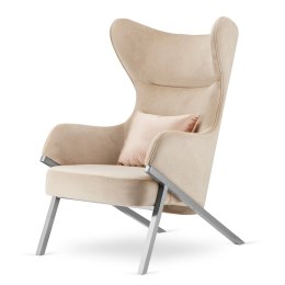 Luksusowy fotel uszak Classy do salonu glamour, beżowy velvet, błyszcząca beżowa poducha 5051-16, elegancka srebrna podstawa