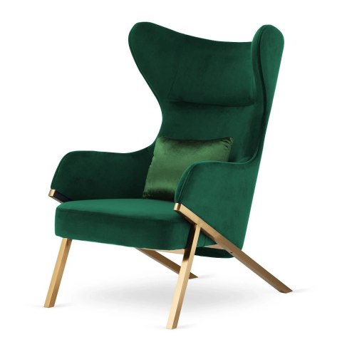 Designerski Fotel Classy Glamour - Butelkowy z błyszczącą poduszką dekoracyjną i złotą bazą