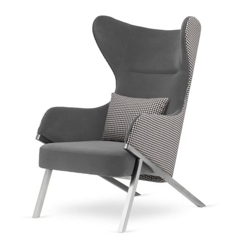 Stylowy fotel do salonu i sypialni Classy jasnoszary - designerski glamour uszak, pepitka, srebrna podstawa