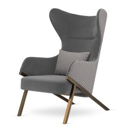 Stylowy fotel do salonu Classy jasnoszary - designerski uszak glamour, pepitka, mosiężna rama
